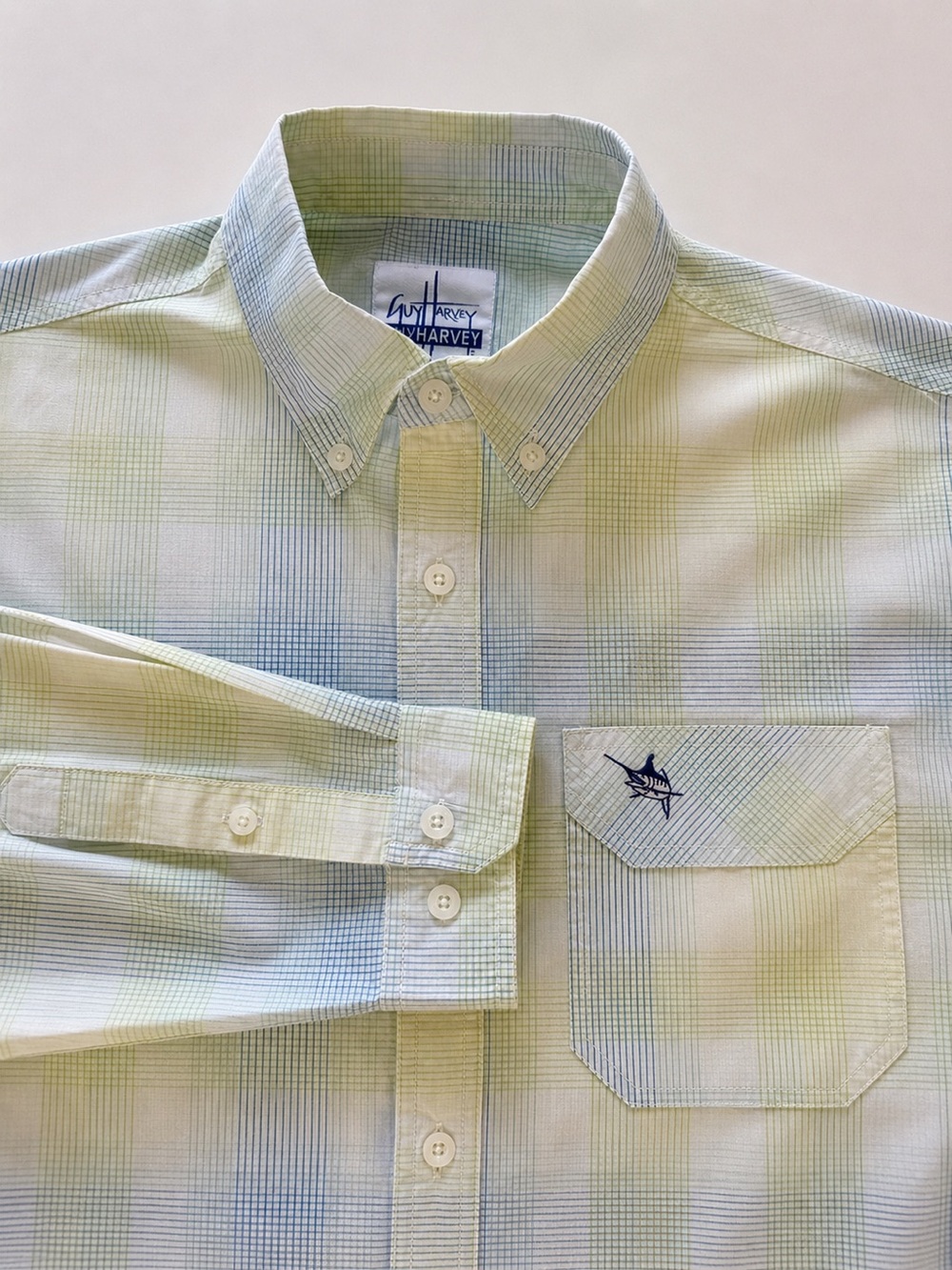 Guy Harvey Button-Down Fishing Shirt – Men’s Large – Blue & Green Plaid